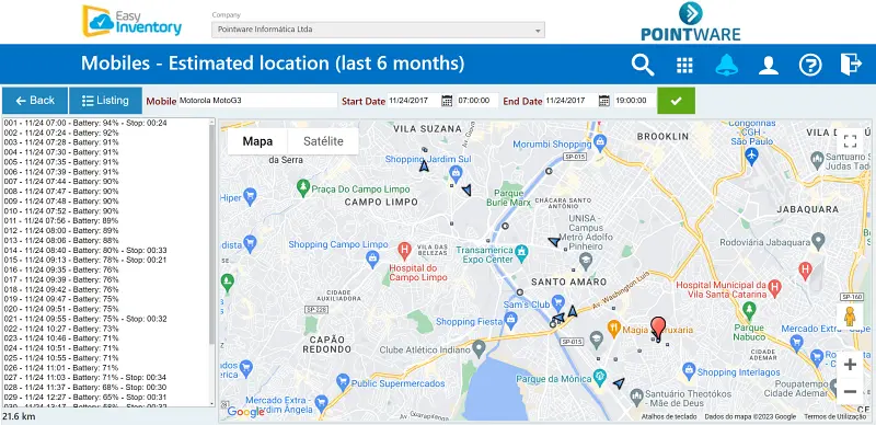 Tela com mapa de geolocalização mobile do Easy Inventory